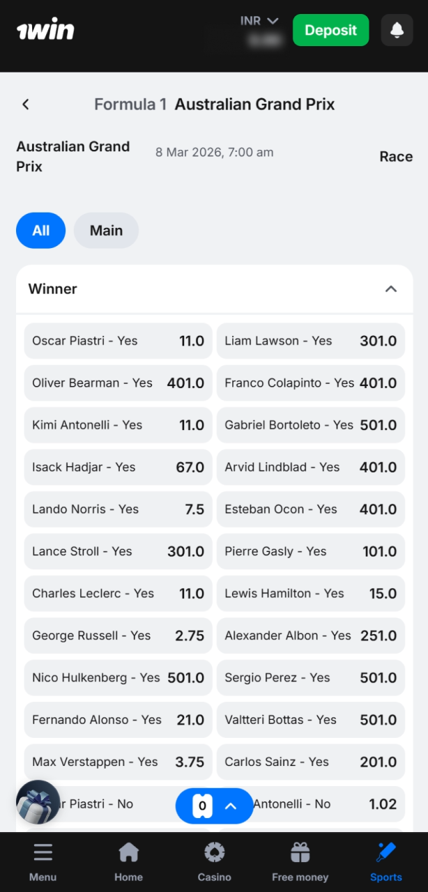 Pick your Formula 1 Grand Prix or season market at 1win.