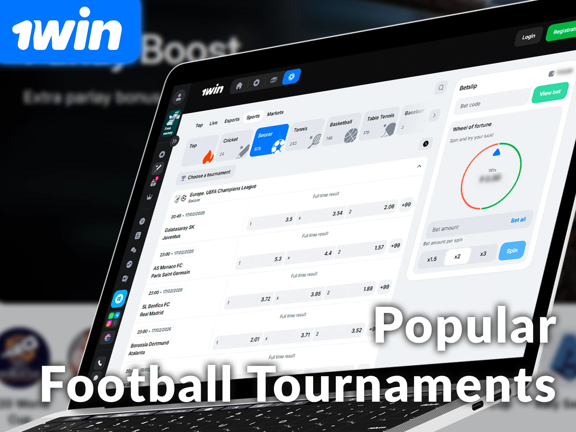 Bet on popular football tournaments and leagues through the 1win site.