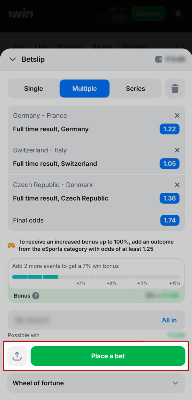 Enter your stake and confirm the bet to win at ice hockey on 1win.