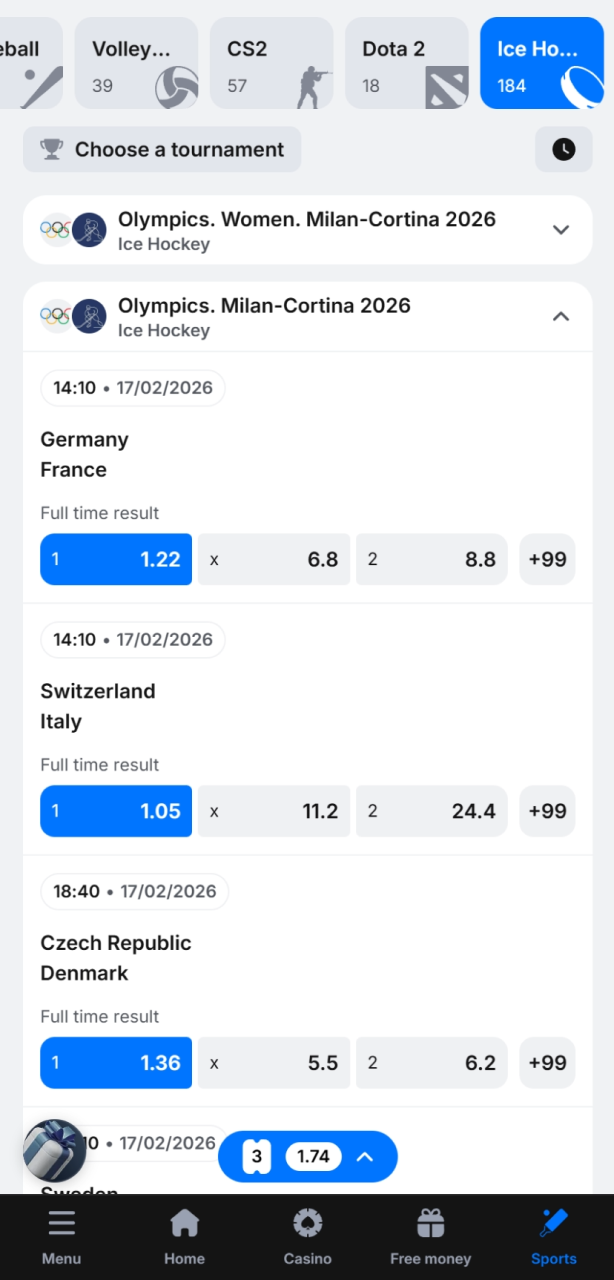 Tap on the ice hockey odds for your preferred market on 1win.