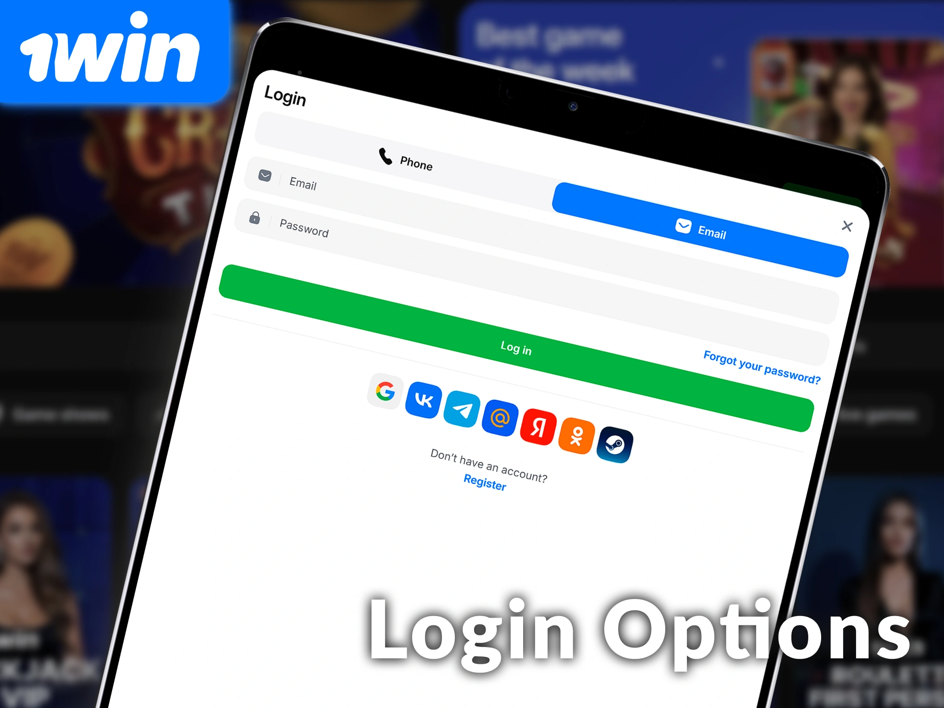 Choose between various 1win account login options in India, including social media and email.