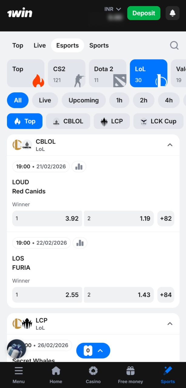 Find League of Legends markets at 1win and select your favorite team.