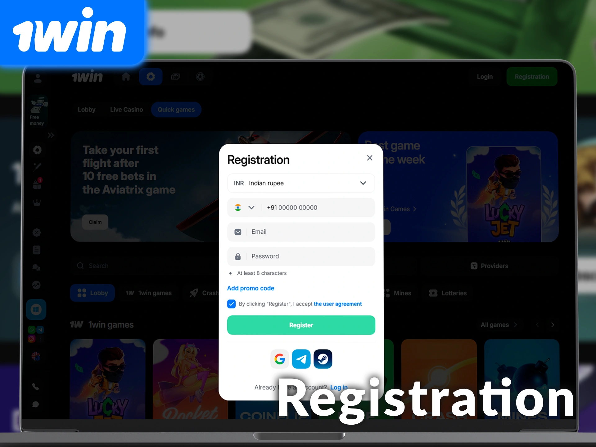 See the interface to Register and start betting through the desktop app at 1win India.