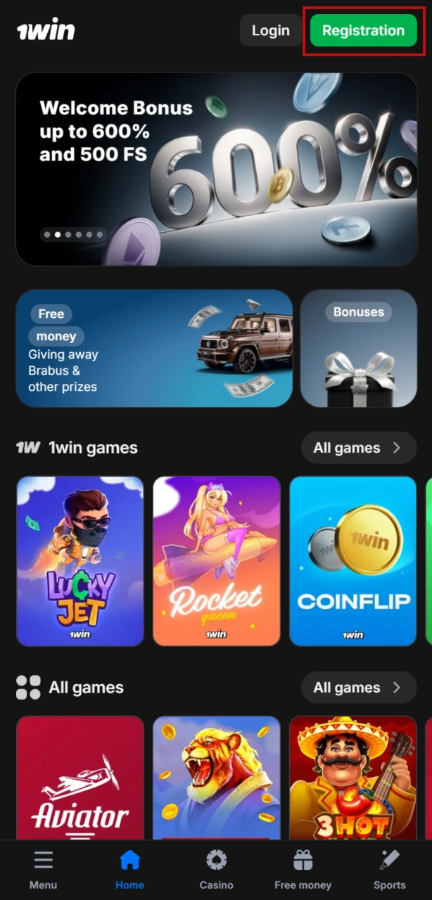 Click the official 1win Sign up button to open the registration form in your browser.