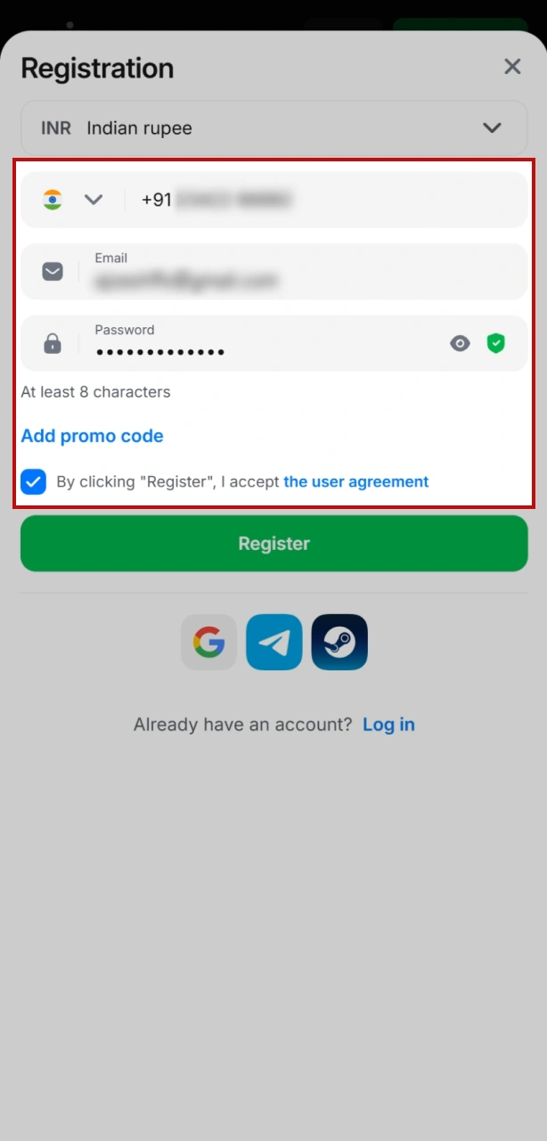 Fill in your basic details and select INR currency to complete your 1win account setup.
