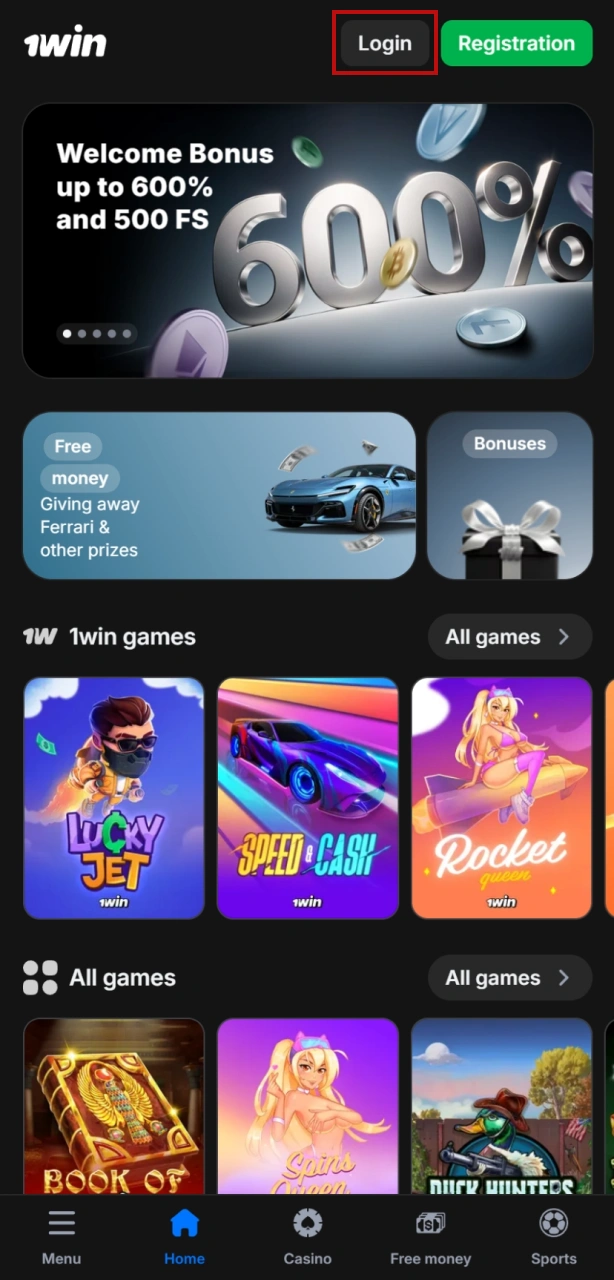 Log in to your 1win India account to access the full casino lobby.