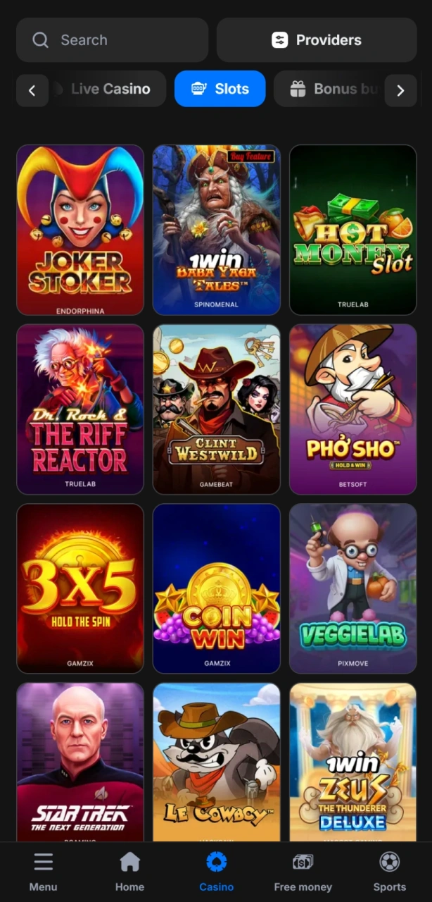 Pick a slot machine and select your preferred game mode on 1win Official.