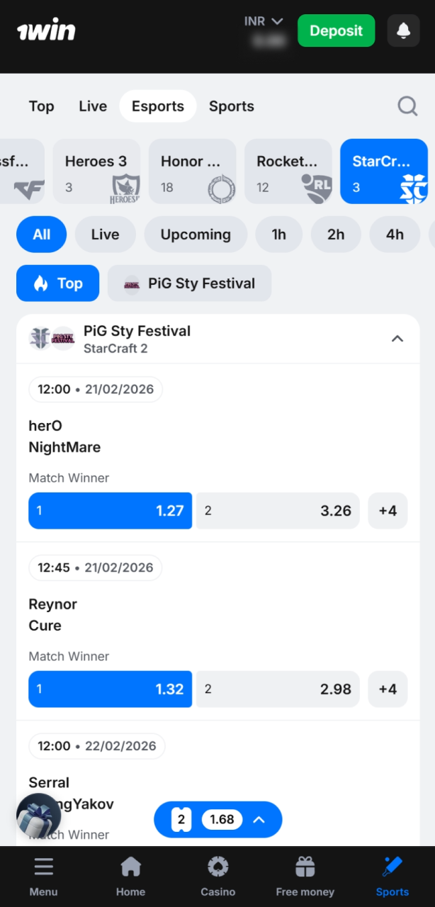 Tap on a StarCraft II market and enter your stake at 1win.