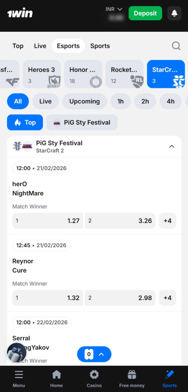 Search for StarCraft II events in the 1win sports and esports section.