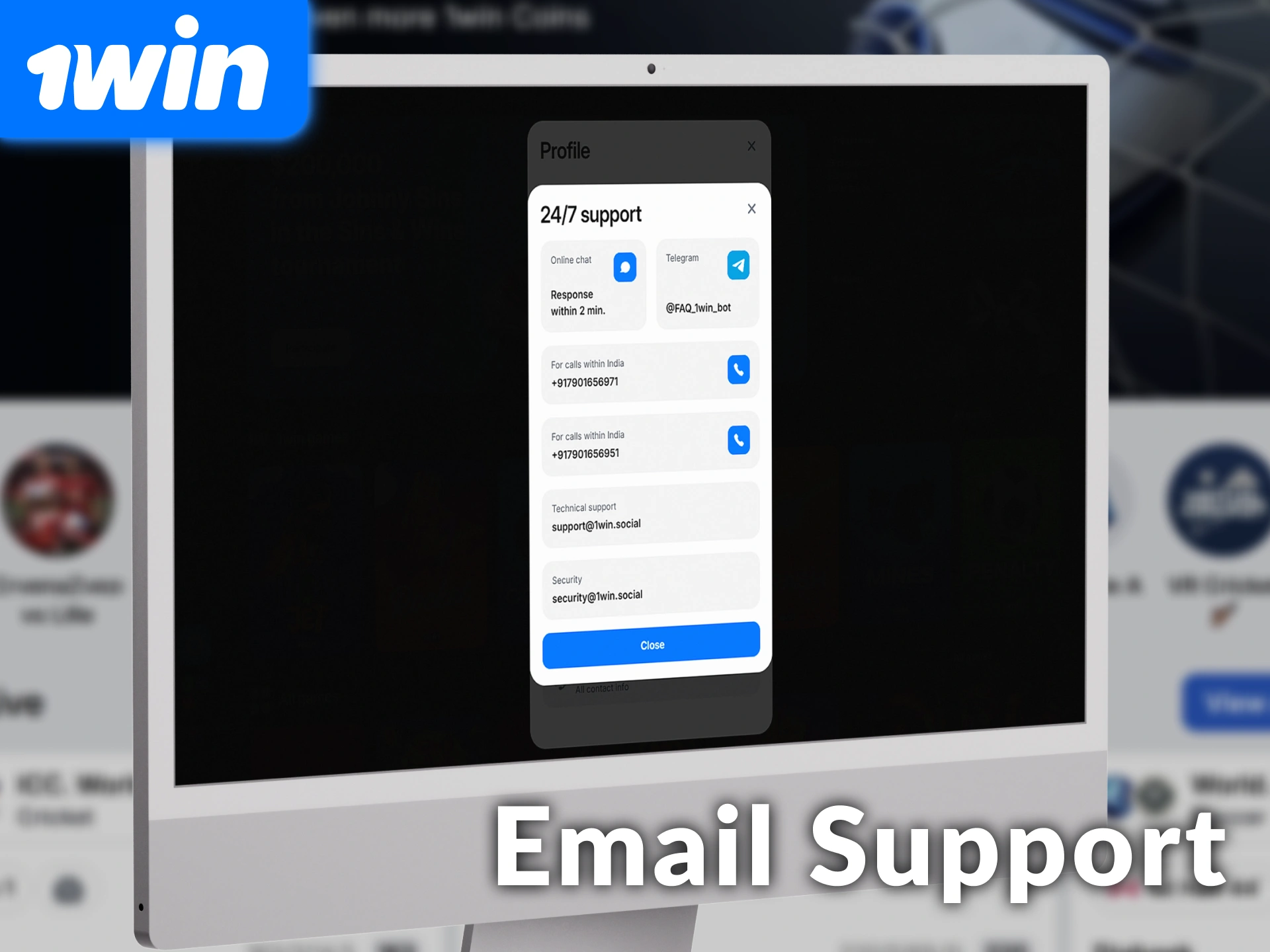 Contact email support for detailed questions and technical inquiries on 1win India.