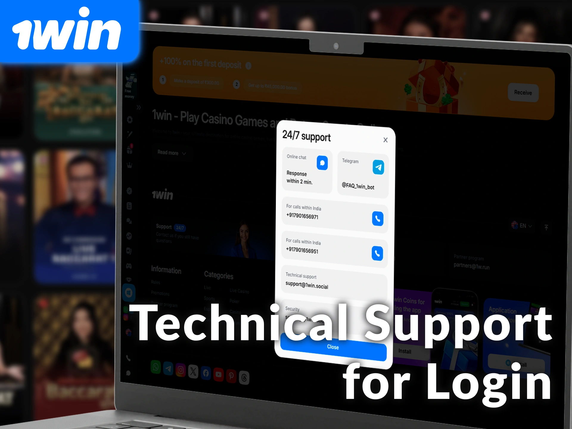 Get technical support for login, payments, and game issues at 1win India.
