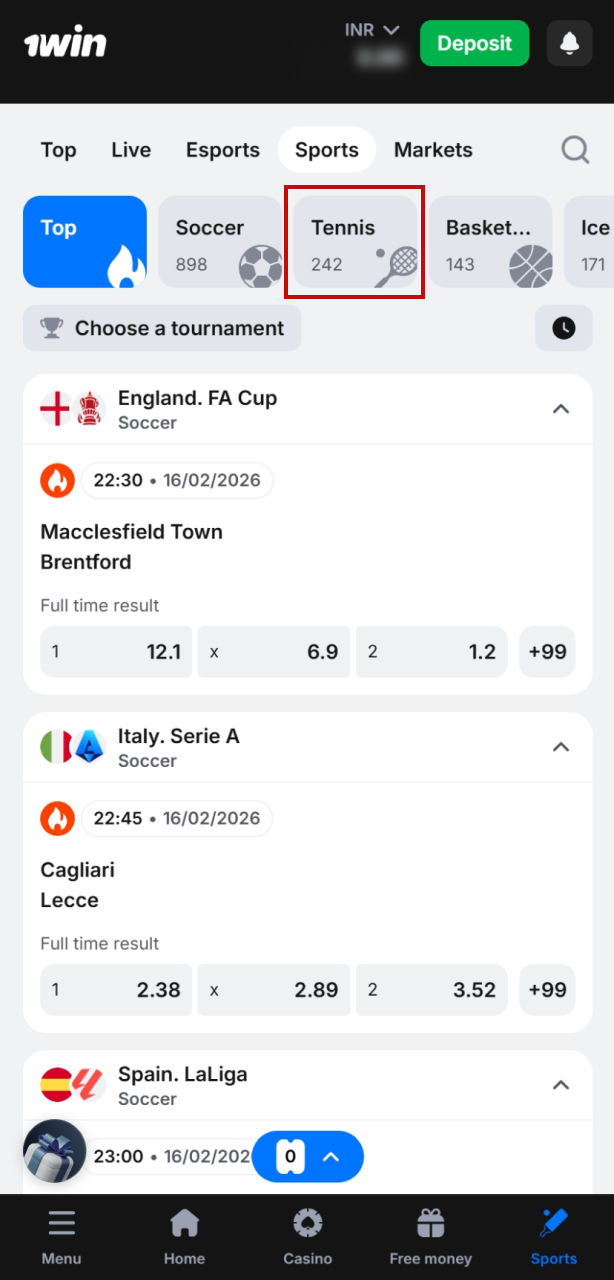 Open the 1win sports section and choose tennis from the list.