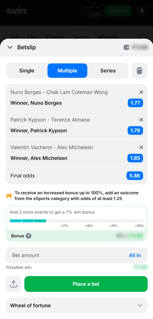 Confirm your 1win tennis bet after entering the stake in the slip.