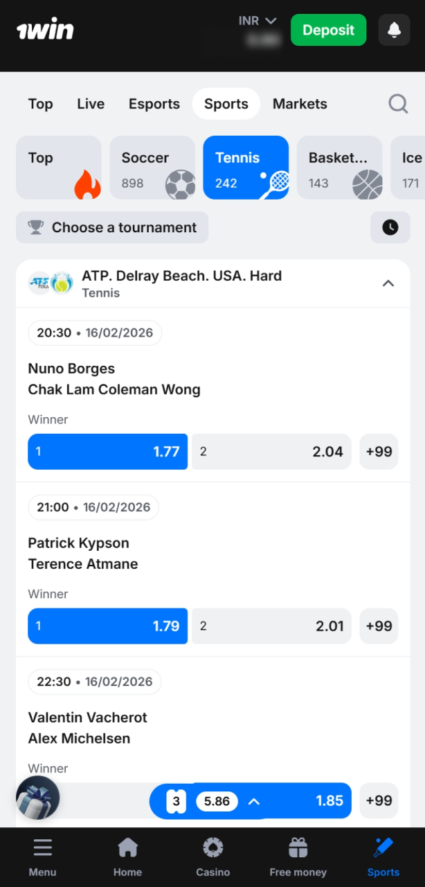 Pick a tennis tournament and then a match for your 1win bet.