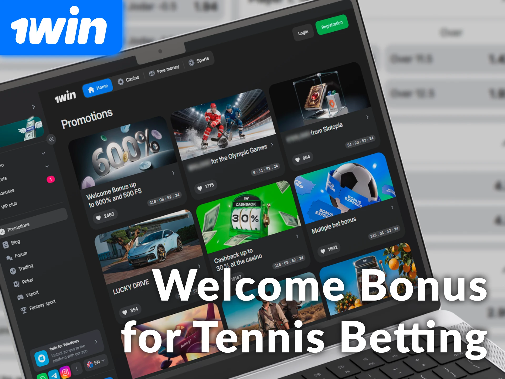Claim the welcome bonus for tennis betting on 1win and win.