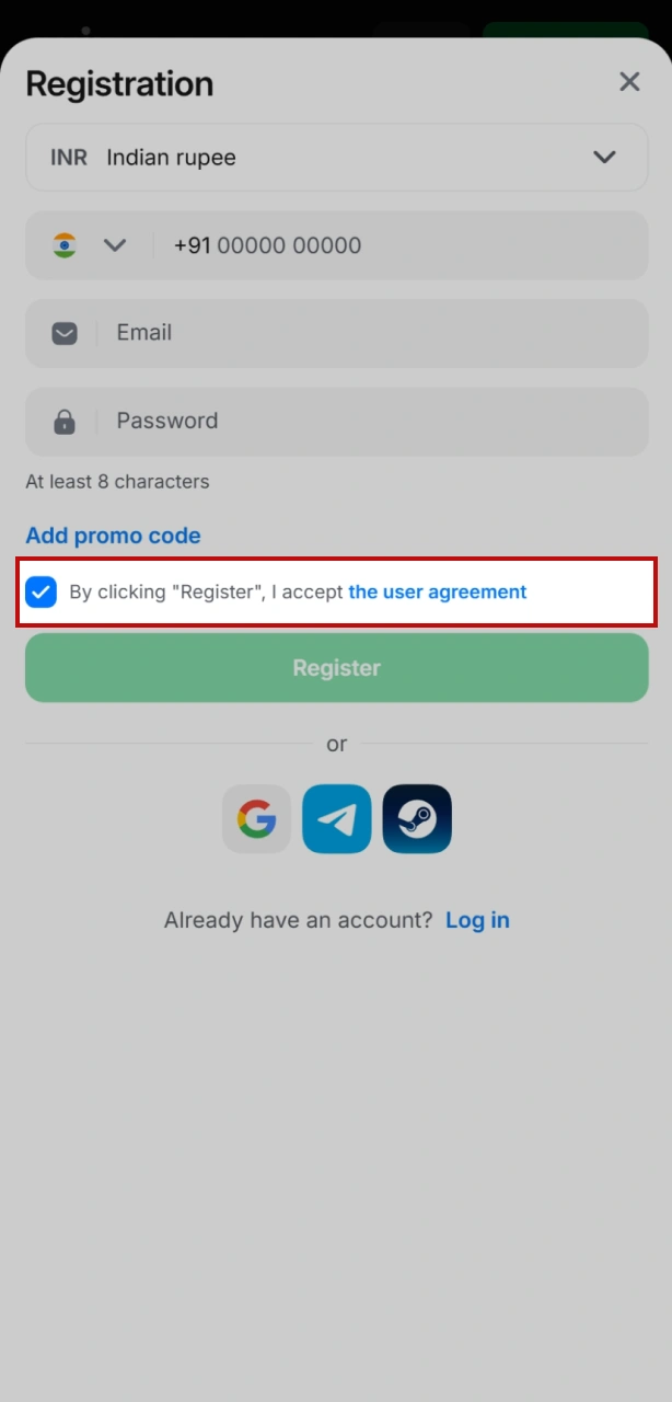 Verify you are 18+ and accept the 1win terms and conditions to play legally in India.