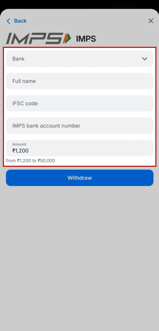 Enter withdrawal amount and details into the 1win cashier form.