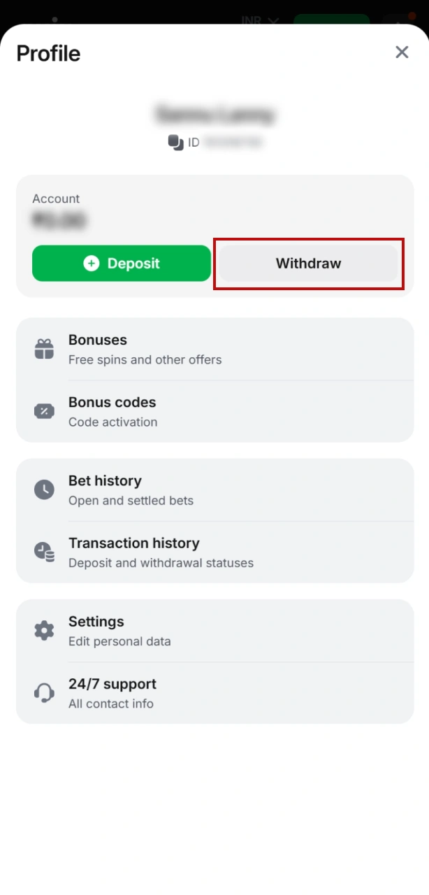 Login and open the cashier at 1win to start your withdrawal.